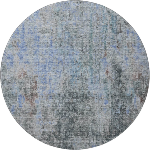HomeRoots 8' Gray and Blue Abstract Round Area Rug - Washable, UV-Protected, Stain-Resistant Design for Durability 654757