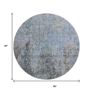 HomeRoots 8' Gray and Blue Abstract Round Area Rug - Washable, UV-Protected, Stain-Resistant Design for Durability 654757