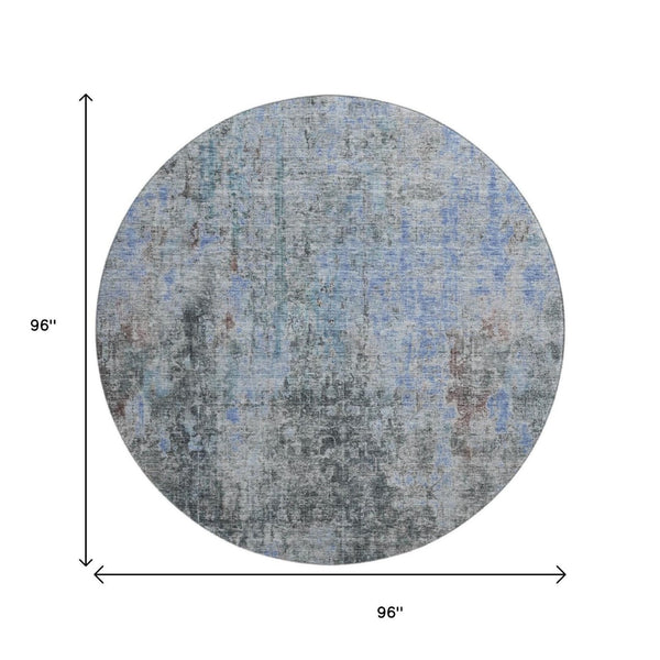 HomeRoots 8' Gray and Blue Abstract Round Area Rug - Washable, UV-Protected, Stain-Resistant Design for Durability 654757
