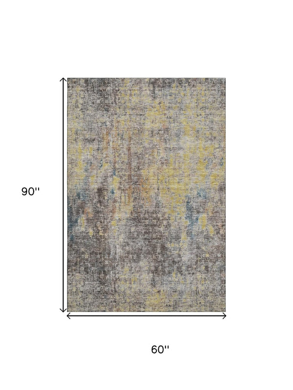 HomeRoots 5' X 8' Stylish Coffee & Gold Abstract Washable Area Rug with UV Protection for Modern Homes 654762