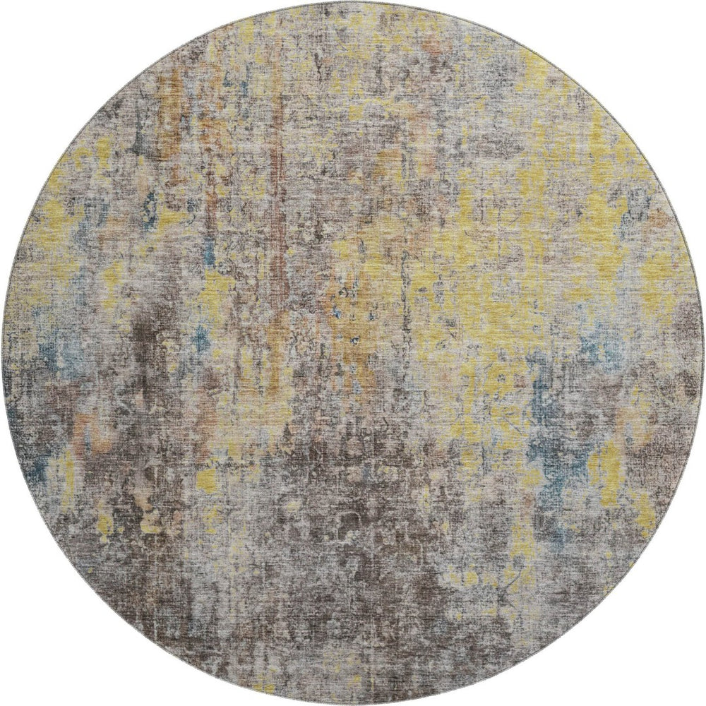 HomeRoots 8' Coffee and Gold Abstract Round Rug - Washable, UV-Protected, Stain-Resistant for Modern Spaces 654763