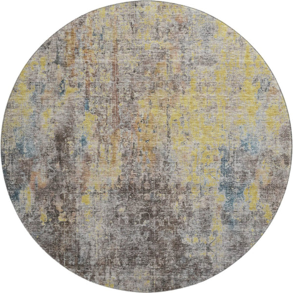 HomeRoots 8' Coffee and Gold Abstract Round Rug - Washable, UV-Protected, Stain-Resistant for Modern Spaces 654763