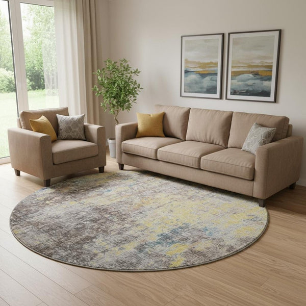 HomeRoots 8' Coffee and Gold Abstract Round Rug - Washable, UV-Protected, Stain-Resistant for Modern Spaces 654763