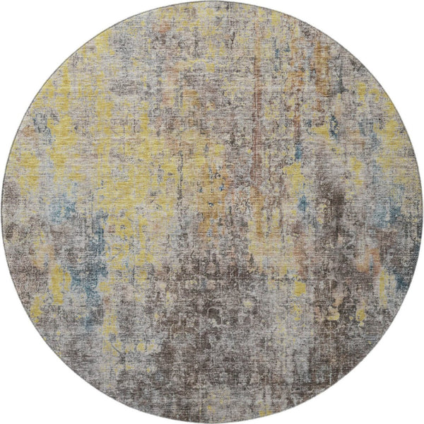HomeRoots 8' Coffee and Gold Abstract Round Rug - Washable, UV-Protected, Stain-Resistant for Modern Spaces 654763