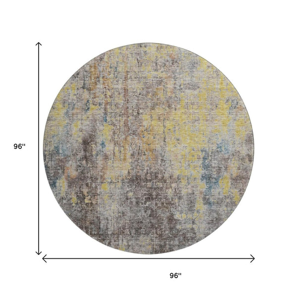 HomeRoots 8' Coffee and Gold Abstract Round Rug - Washable, UV-Protected, Stain-Resistant for Modern Spaces 654763