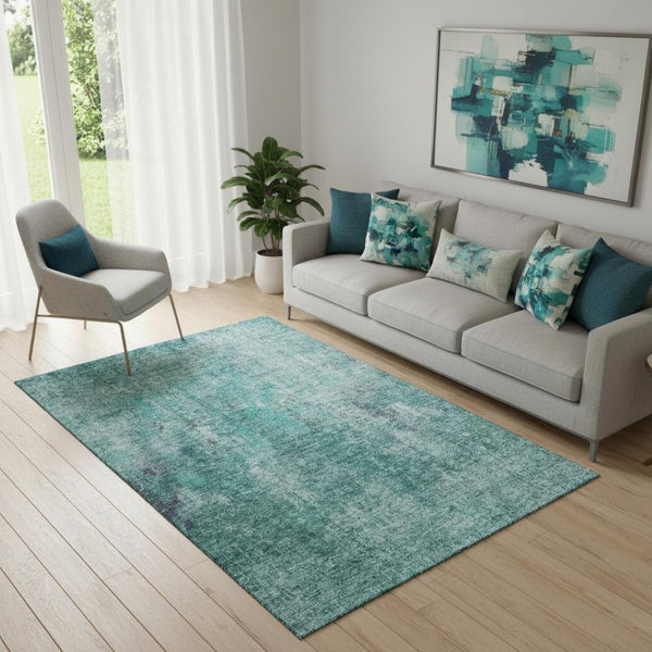 HomeRoots 5' X 8' Teal and Ivory Abstract Area Rug - Washable, UV Protected, Durable for High Traffic Spaces 654768
