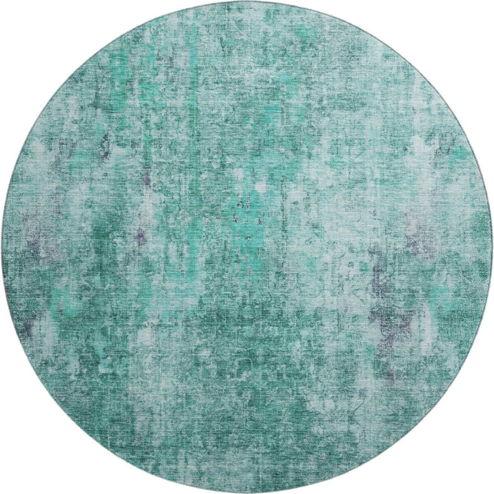 HomeRoots 8' Teal and Ivory Abstract Washable Round Rug - Durable, Stain-Resistant with UV Protection for All Spaces 654769