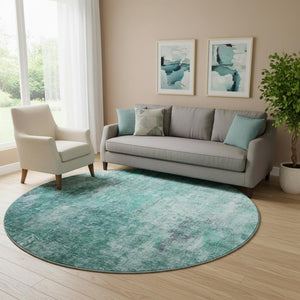 HomeRoots 8' Teal and Ivory Abstract Washable Round Rug - Durable, Stain-Resistant with UV Protection for All Spaces 654769