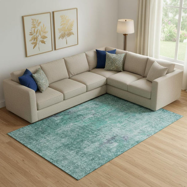 HomeRoots 8' X 10' Teal and Ivory Abstract Area Rug - Washable, UV-Protected, Durable for Busy Homes! 654770
