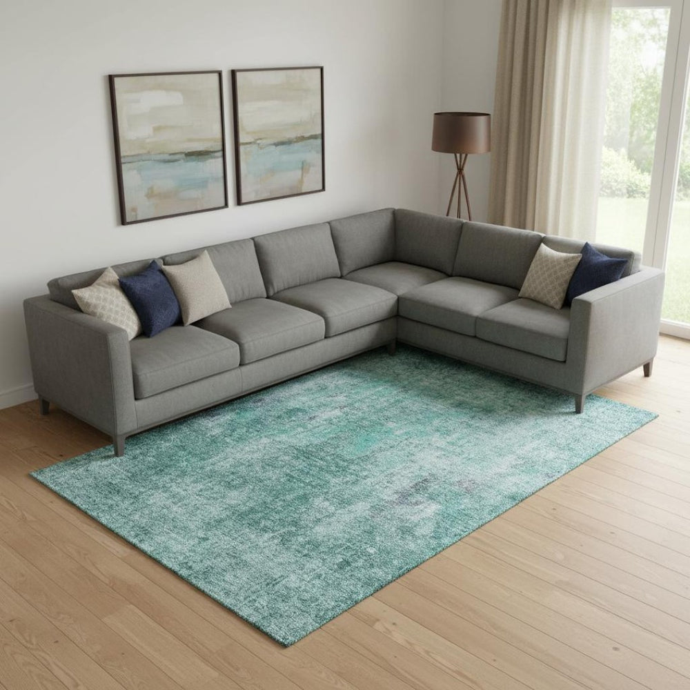 HomeRoots 9' X 12' Teal and Ivory Abstract Area Rug - Washable, UV-Protected, Perfect for High-Traffic Spaces 654771
