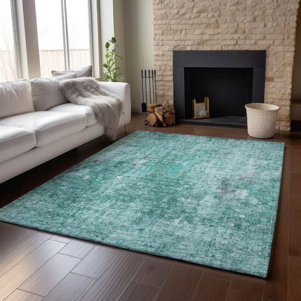 HomeRoots 9' X 12' Teal and Ivory Abstract Area Rug - Washable, UV-Protected, Perfect for High-Traffic Spaces 654771