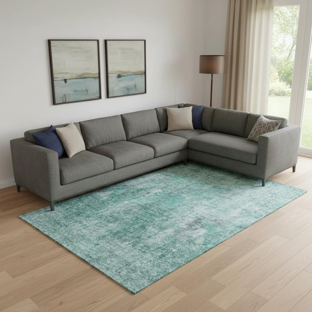 HomeRoots 10' X 14' Teal and Ivory Abstract Area Rug - Washable, UV-Protected, Stain-Resistant for Modern Homes 654772