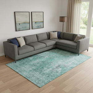 HomeRoots 10' X 14' Teal and Ivory Abstract Area Rug - Washable, UV-Protected, Stain-Resistant for Modern Homes 654772