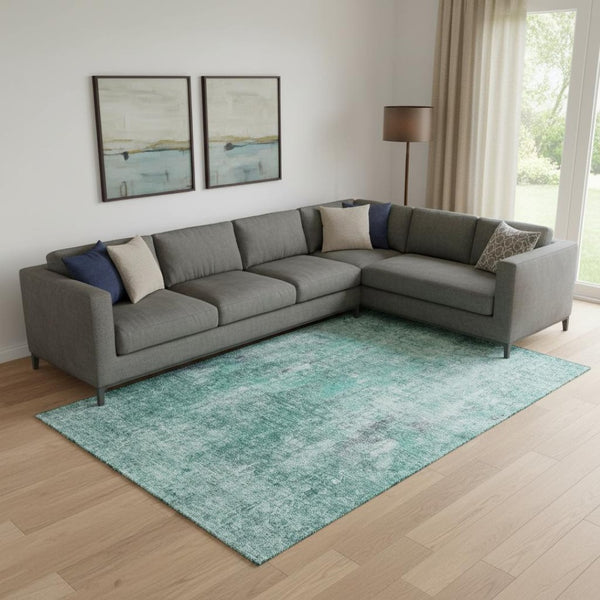 HomeRoots 10' X 14' Teal and Ivory Abstract Area Rug - Washable, UV-Protected, Stain-Resistant for Modern Homes 654772