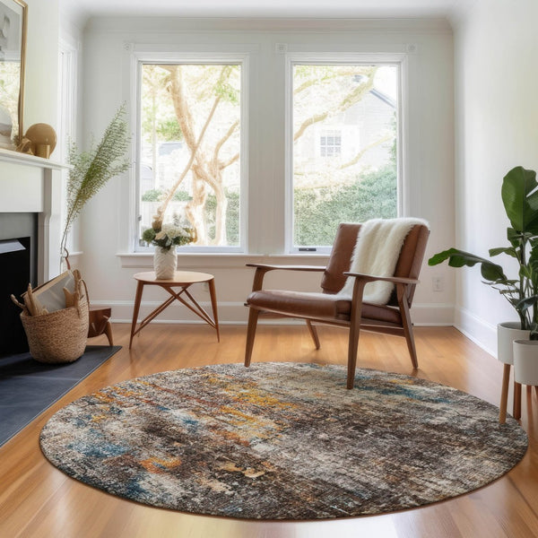 HomeRoots 8' Taupe and Beige Abstract Washable Round Rug – UV Protected, Stain Resistant, Durable Design! 654775