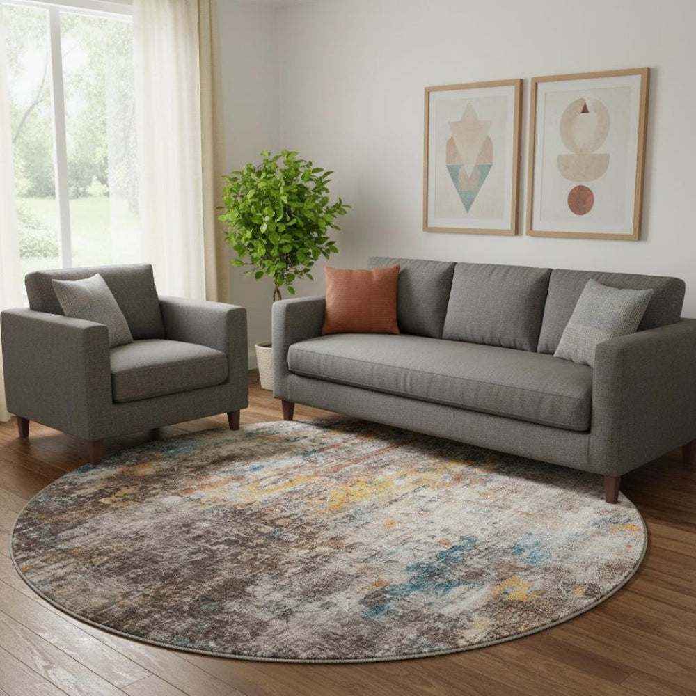 HomeRoots 8' Taupe and Beige Abstract Washable Round Rug – UV Protected, Stain Resistant, Durable Design! 654775