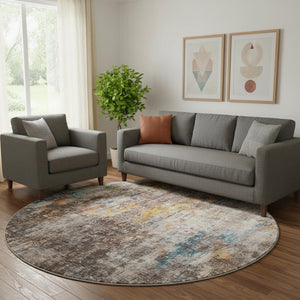HomeRoots 8' Taupe and Beige Abstract Washable Round Rug – UV Protected, Stain Resistant, Durable Design! 654775