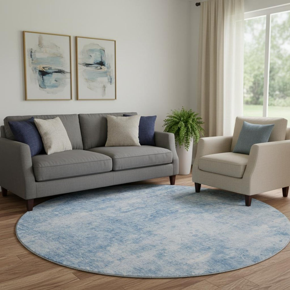 HomeRoots 8' Blue and Ivory Abstract Washable Round Rug - Modern Design, UV Protected, Stain Resistant & Durable 654787