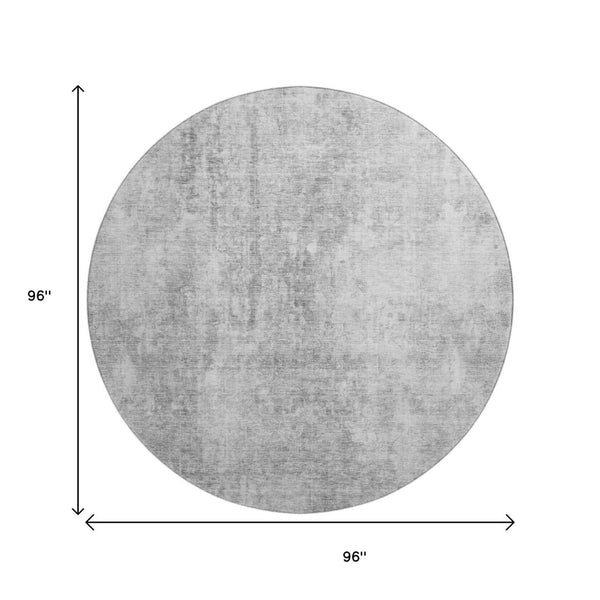 HomeRoots 8' Gray and Ivory Abstract Washable Round Rug – Durable, Stain Resistant, UV Protected for Modern Spaces 654799
