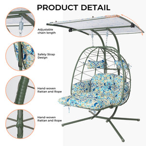 English Elm 2-person Outdoor Wicker Egg Chair Hanging Swing with Canopy Stand and Cushions Dark Green T5880P502255