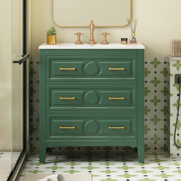 English Elm 30'' Bathroom Vanity with Ceramic Sink, Solid Wood Frame Retro Style Vanity with 3 Drawers & Gold Handles Green N710P246209F