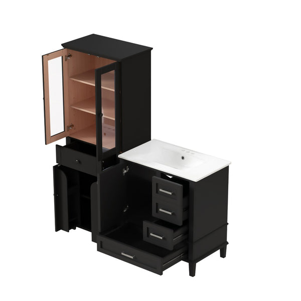 English Elm 67.57" Tall Matte Cabinet Vanity Combo with Glass Doors Soft-close Drawers Sink Black N729P000033B
