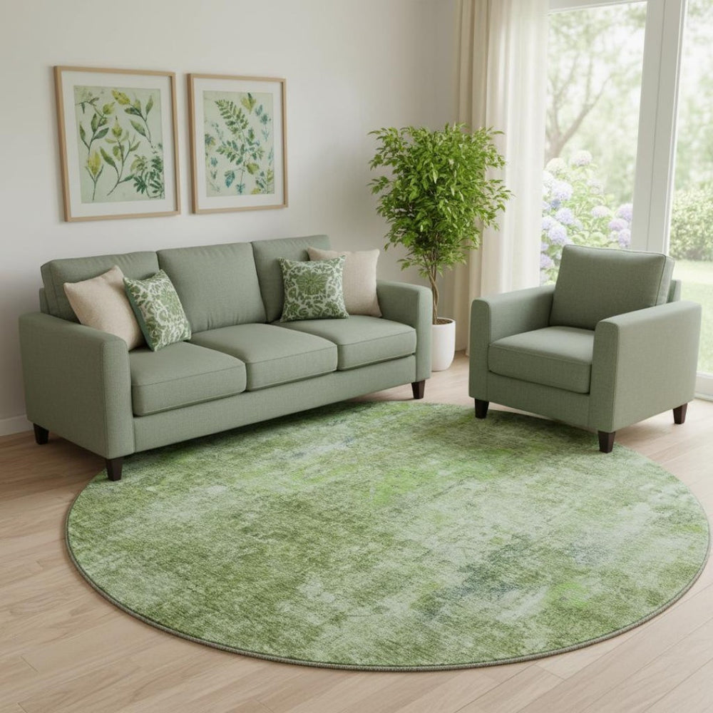 HomeRoots 8' Olive Green Abstract Round Rug - Washable, UV Protected, Stain Resistant for Modern Spaces 654805
