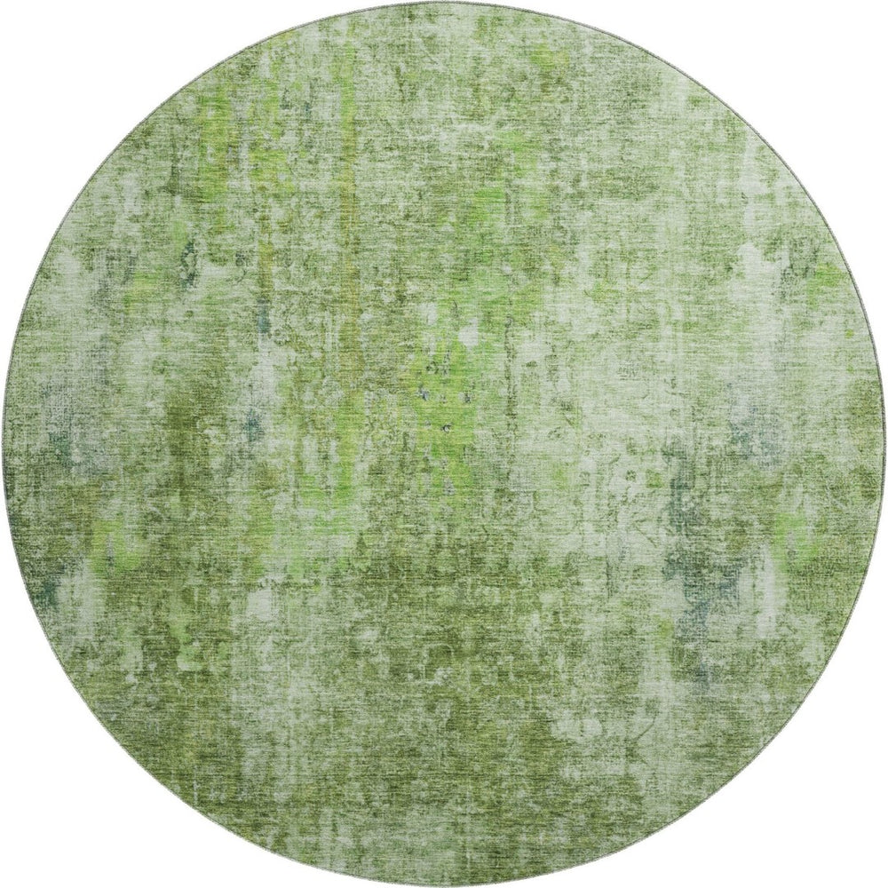 HomeRoots 8' Olive Green Abstract Round Rug - Washable, UV Protected, Stain Resistant for Modern Spaces 654805