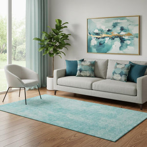 HomeRoots 5' X 8' Teal and Ivory Abstract Area Rug – Durable, Washable with UV Protection for Modern Spaces 654810