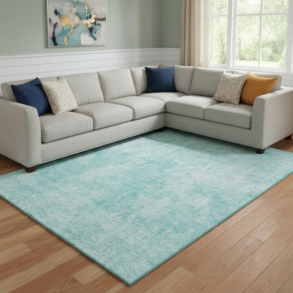 HomeRoots 9' X 12' Teal and Ivory Abstract Area Rug – Washable, Durable, UV-Protected for Busy Homes & Style 654813