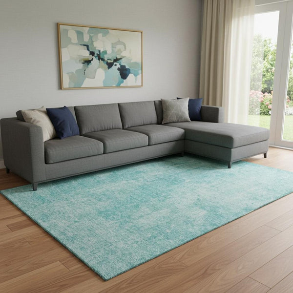 HomeRoots 10' Teal and Ivory Abstract Area Rug - Washable, UV Protected, Stain Resistant, Ideal for Homes 654814