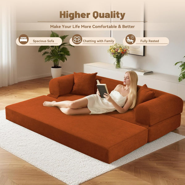 English Elm Convertible Corduroy Sleeper Sofa Queen Fold Out Bed with Dual Storage Pockets Orange W3396P483177