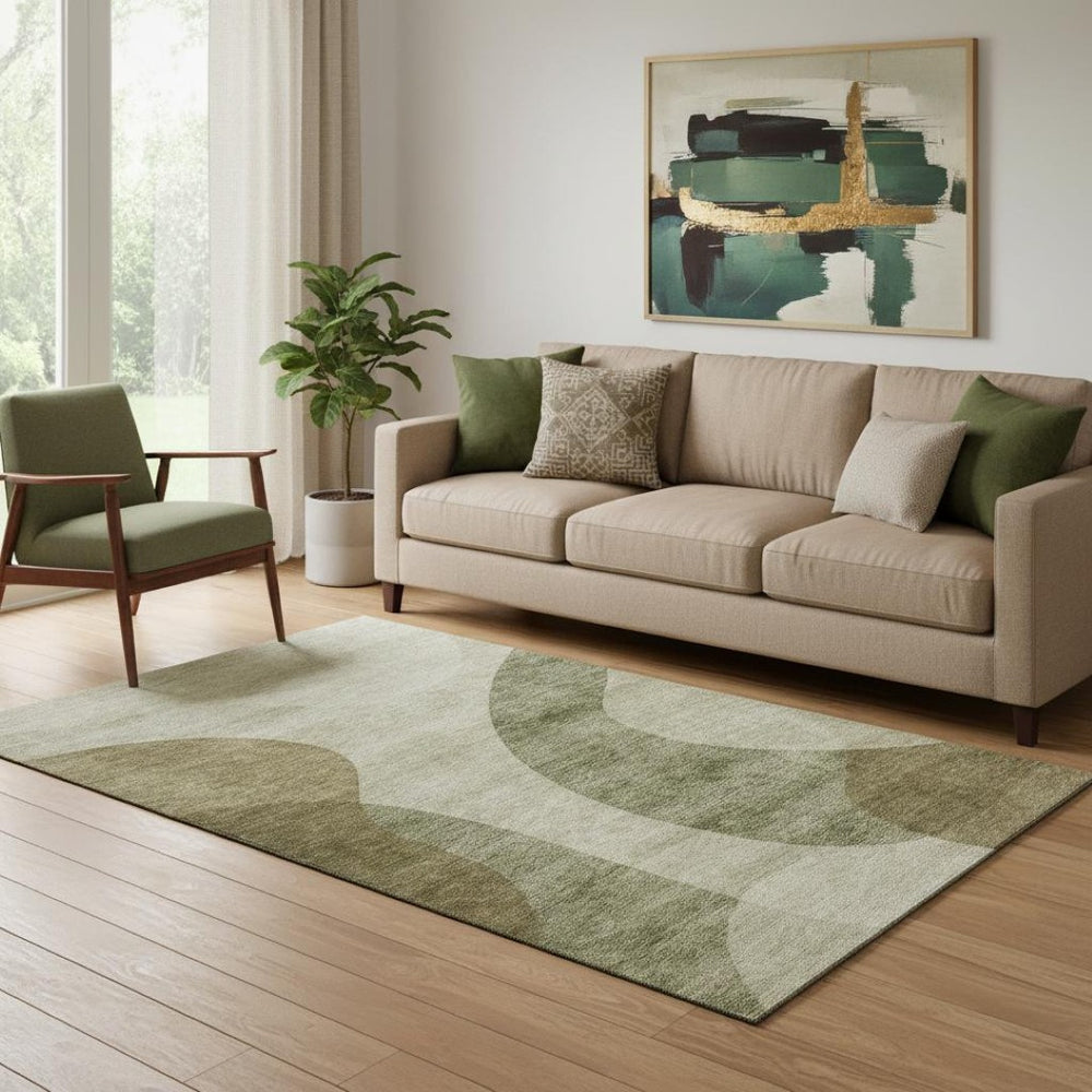 HomeRoots 5' X 8' Beige & Olive Green Geometric Washable Area Rug with Stain Resistance & UV Protection 654822