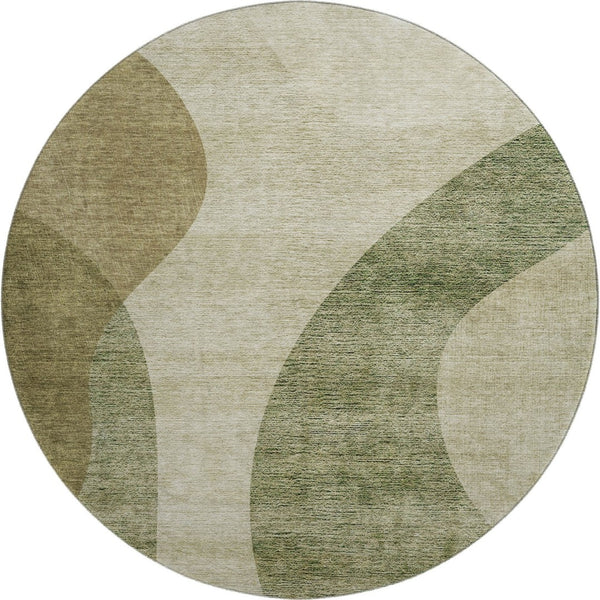 HomeRoots 8' Beige and Olive Green Geometric Washable Round Rug - Durable, Stain Resistant, UV Protected Decor Piece 654823