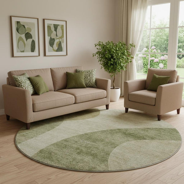 HomeRoots 8' Beige and Olive Green Geometric Washable Round Rug - Durable, Stain Resistant, UV Protected Decor Piece 654823