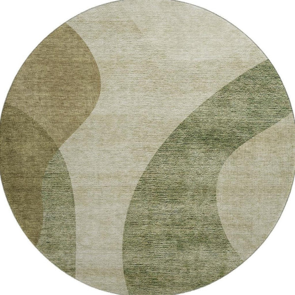 HomeRoots 8' Beige and Olive Green Geometric Washable Round Rug - Durable, Stain Resistant, UV Protected Decor Piece 654823
