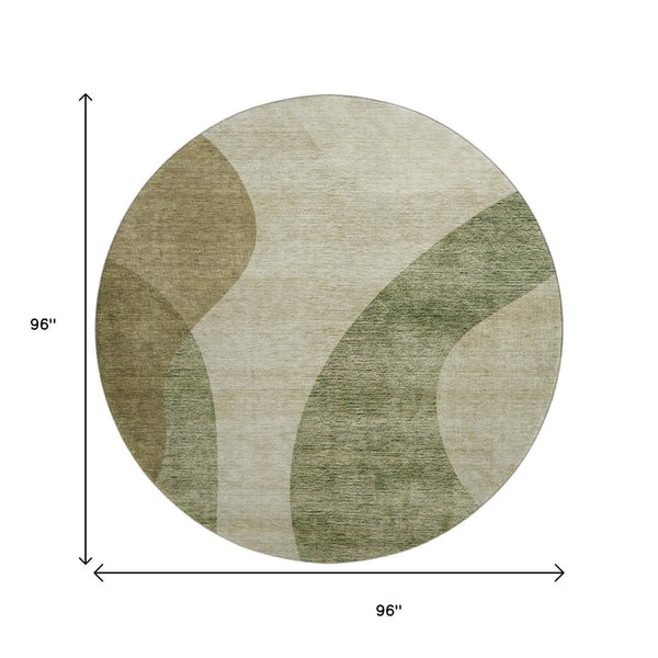 HomeRoots 8' Beige and Olive Green Geometric Washable Round Rug - Durable, Stain Resistant, UV Protected Decor Piece 654823
