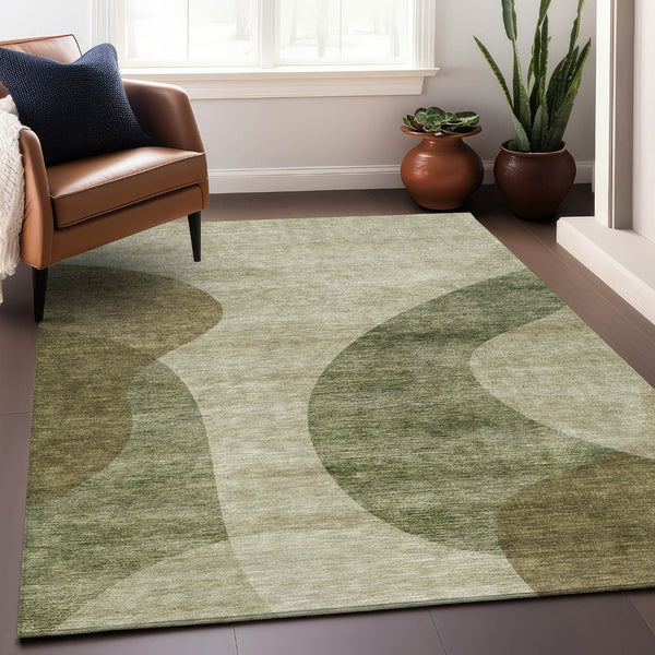HomeRoots 8' X 10' Washable Beige & Olive Green Geometric Area Rug with UV Protection for Busy Homes & Outdoors 654824