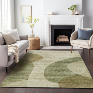 HomeRoots 10' Geometric Washable Area Rug in Beige & Olive Green - Durable, Stylish, UV-Resistant Design! 654826