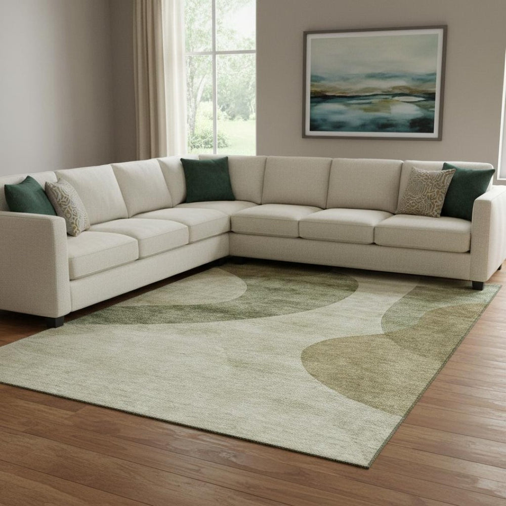 HomeRoots 10' Geometric Washable Area Rug in Beige & Olive Green - Durable, Stylish, UV-Resistant Design! 654826