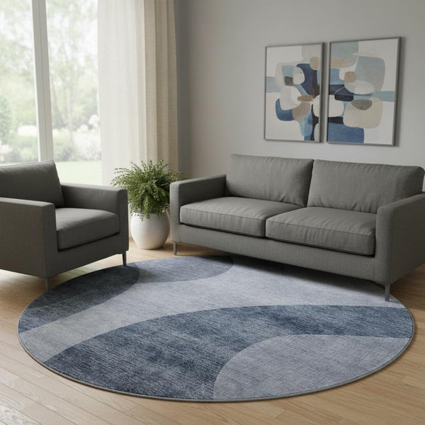 HomeRoots 8' Blue And Ivory Geometric Round Rug - Washable, UV Protected, Durable & Stylish for Any Room! 654829