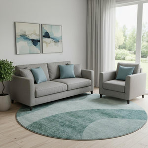 HomeRoots 8' Green and Gray Geometric Round Washable Rug - UV Protected, Stain-Resistant, Durable Design! 654835