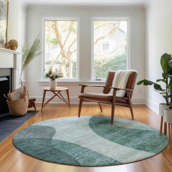 HomeRoots 8' Green and Gray Geometric Round Washable Rug - UV Protected, Stain-Resistant, Durable Design! 654835