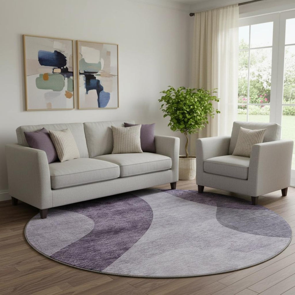 HomeRoots 8' Purple and Ivory Geometric Round Rug - Washable, UV-Protected, Stain-Resistant for Easy Care 654847