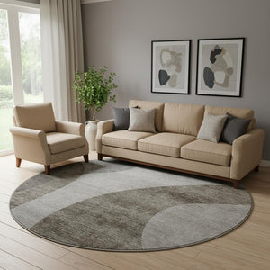HomeRoots 8' Taupe and Beige Geometric Round Rug - Washable, UV-Protected, Family-Friendly Design for Cozy Spaces 654853