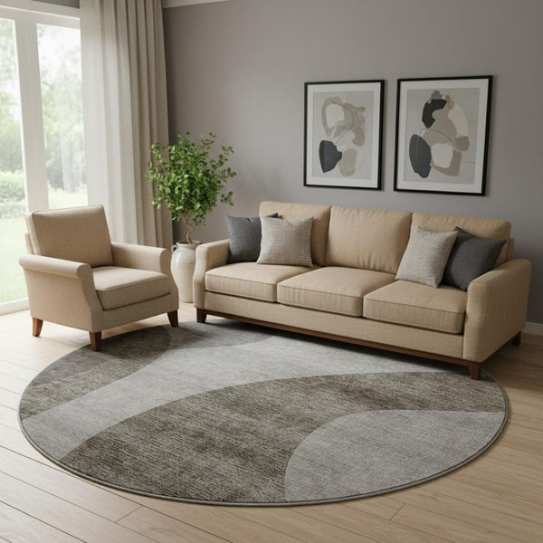 HomeRoots 8' Taupe and Beige Geometric Round Rug - Washable, UV-Protected, Family-Friendly Design for Cozy Spaces 654853