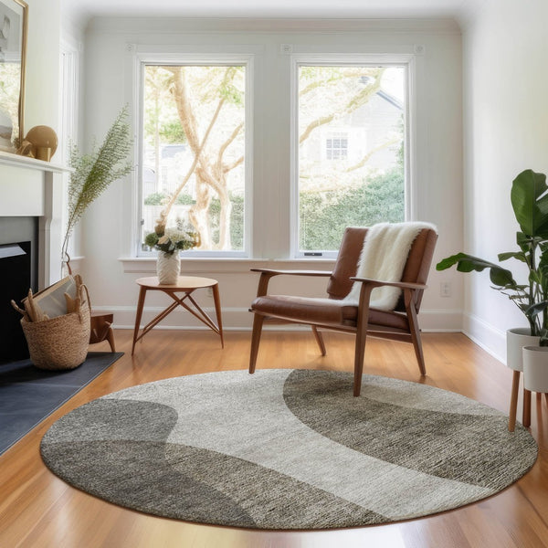 HomeRoots 8' Taupe and Beige Geometric Round Rug - Washable, UV-Protected, Family-Friendly Design for Cozy Spaces 654853