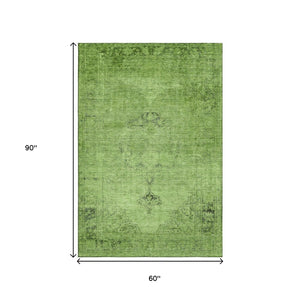 HomeRoots 5' X 8' Artichoke Green & Gray Oriental Area Rug - Washable, Stain Resistant & UV Protected Design 654858