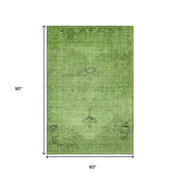 HomeRoots 5' X 8' Artichoke Green & Gray Oriental Area Rug - Washable, Stain Resistant & UV Protected Design 654858