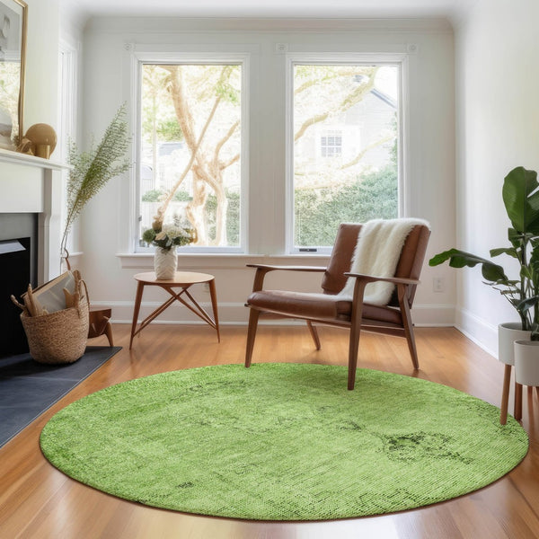 HomeRoots 8' Artichoke Green & Gray Oriental Round Rug - Washable, UV Protected, Stain Resistant, Durable Design 654859